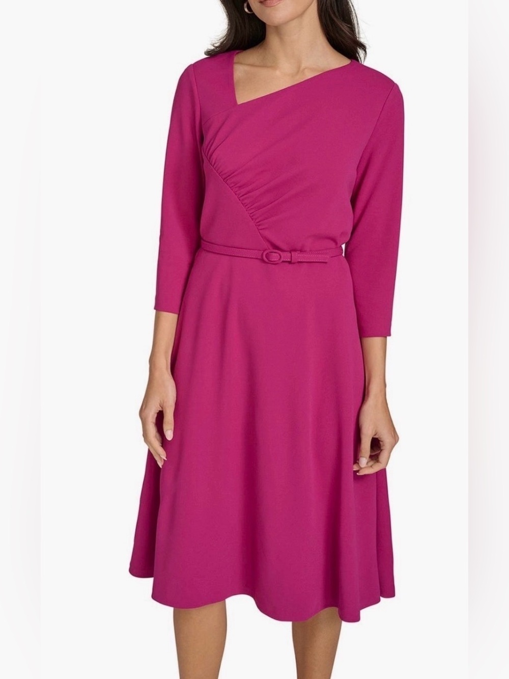 Calvin Klein 3/4 Sleeve Drape Neck Slit Trim Solid Sheath Dress Pink Size 2 NWT